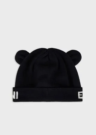 Knit beanie with ears and jacquard logo