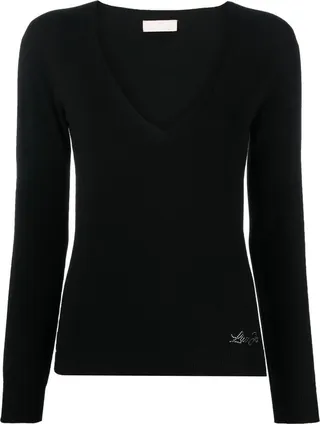 rhinestone-logo V-neck jumper