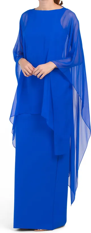 Scuba Sheath Gown With Chiffon Cape