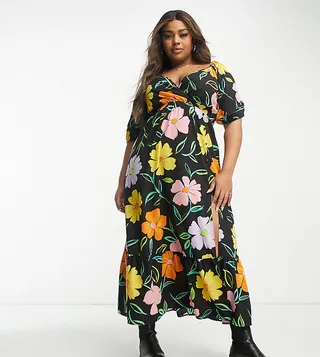 ASOS DESIGN Curve wrap bodice button up skirt with pep hem midi dress in black large floral