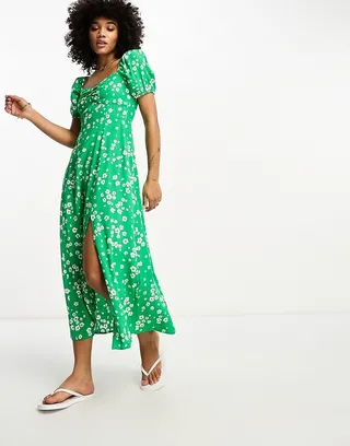 & Other Stories puff sleeve midi dress in green print