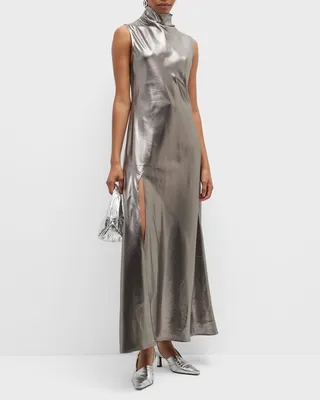 Turtleneck Thigh-Slit Metallic Silk Maxi Dress