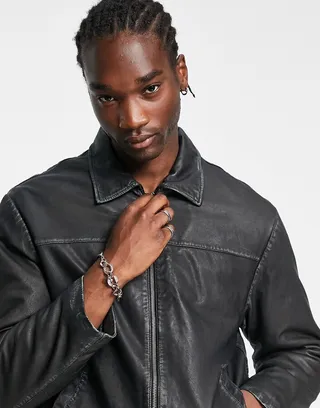 Reclaimed Vintage Limited Edition washed leather zip front jacket in black