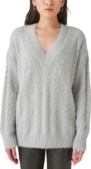 Lucky Brand Women's Cable-Knit V-Neck Eyelash Sweater