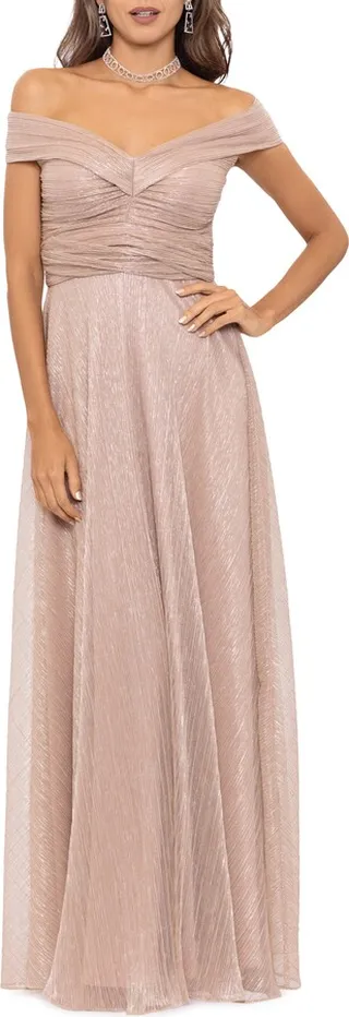 Ruched Crinkle Off the Shoulder Gown