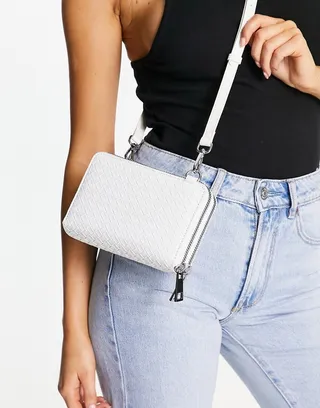 ASOS DESIGN multi gusset weave crossbody bag with detachable strap in white