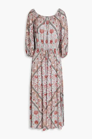 Mira gathered floral-print crepe midi dress