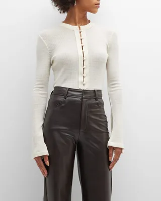 Flare-Sleeve Half-Button Rib Jersey Top