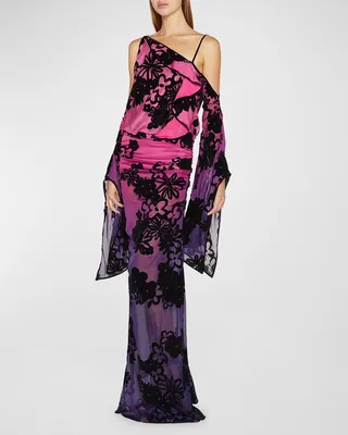 One-Shoulder Floral Velvet Degrade Chiffon Gown