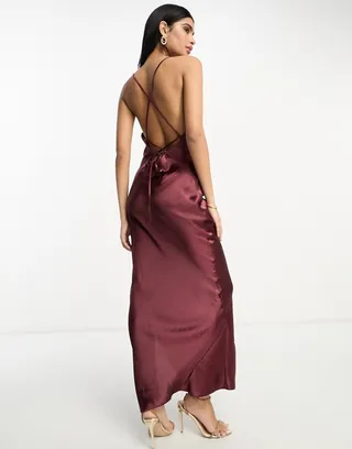 ASOS DESIGN Bridesmaid cami maxi slip dress in hi-shine satin with lace up back in wine