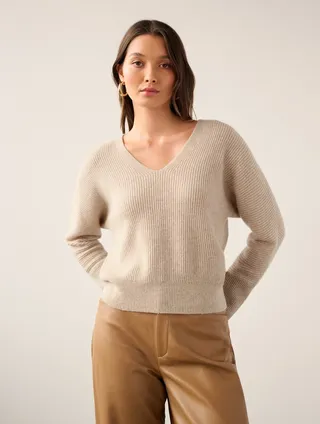 Cashmere Ribbed Dolman V Neck