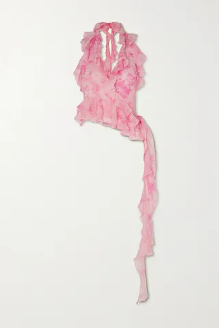Alessandra Rich - Ruffled Crystal-embellished Printed Silk-georgette Halterneck Top - Pink