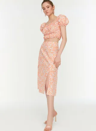 Floral Print Split Detail Skirt