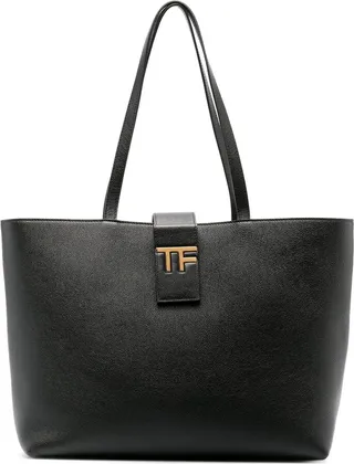 Black Logo Plaque Leather Tote Bag