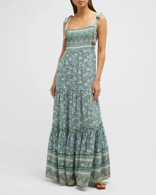 Benita Printed Shoulder Tie Maxi Dress