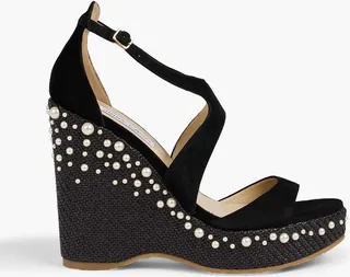 Palm 120 faux pearl-embellished suede platform wedge sandals