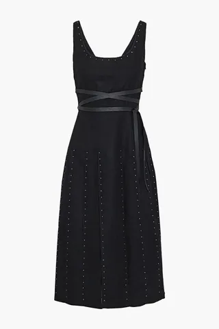 Belted pleated crystal-embellished wool and tulle dress