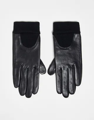 ASOS DESIGN leather gloves with touch screen and ribbed cuff in black