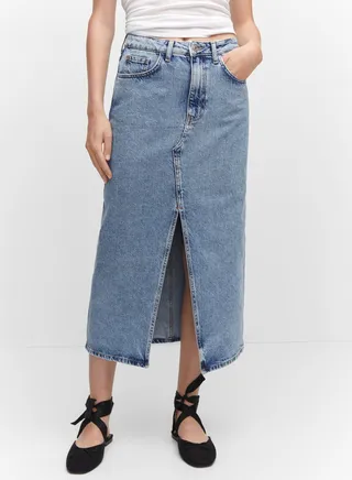 Front Slit Pocket Detail Denim Skirt