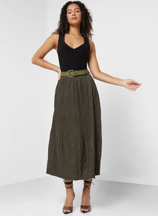 Belted Pleat Textured Solid Skirt
