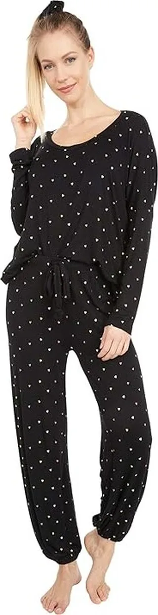Plush Ultra Soft Heart Jersey Pajama + Scrunchie Set (Black Multi) Women's Pajama Sets