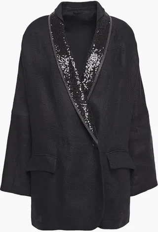Embellished satin-trimmed linen-twill blazer