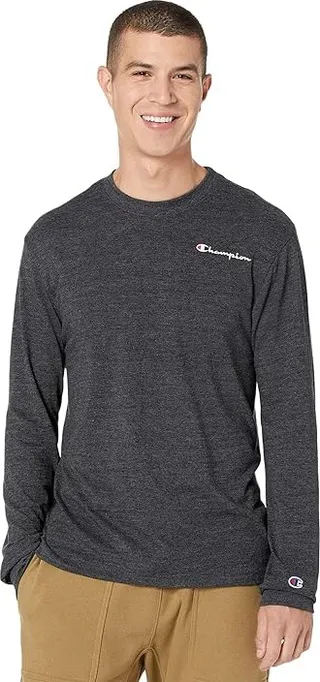 Champion Classic Long Sleeve Powerblend Small Logo Tee (Ebony Heather) Men's Clothing