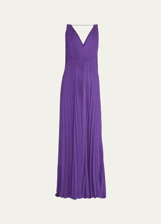 V-Neck Pleated Silk Gown