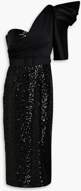 One-shoulder satin-twill and sequined tulle midi dress