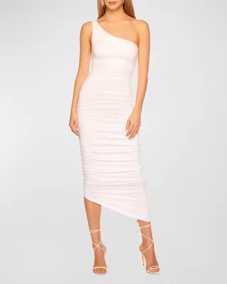 One-Arm Gathered Stretch Asymmetric Midi Dress