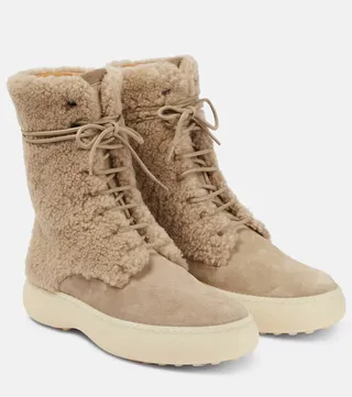 Shearling and suede lace-up boots
