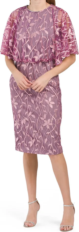 Colette Floral Embroidered Illusion Cape Sleeve Midi Dress