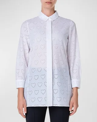 Heart Eyelet Embroidered Poplin Collared Tunic Blouse