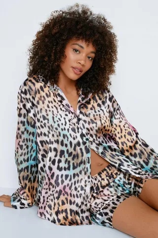 Nasty Gal Womens Recycled Satin Ombre Leopard Print Oversized Pj Short Set