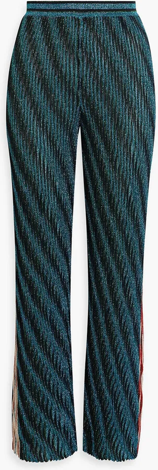Striped metallic crochet-knit wide-leg pants