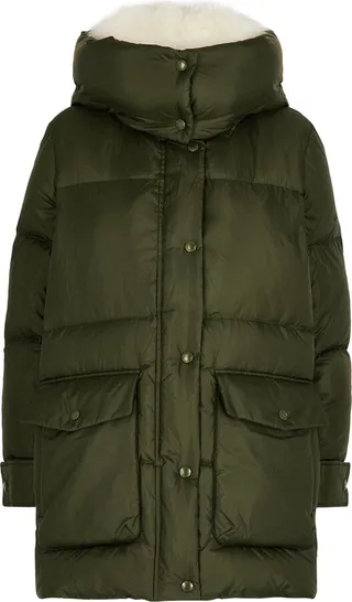 Yves Salomon Green Fur-trimmed Quilted Shell Coat