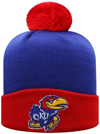 Men's Top of the World Royal and Red Kansas Jayhawks Core 2-Tone Cuffed Knit Hat with Pom