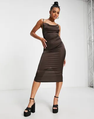 Parisian satin cami strap midi dress with cowl neck in chocolate brown
