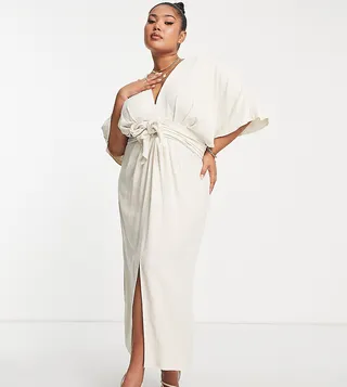 ASOS DESIGN Curve batwing tie front linen midi dress in natural