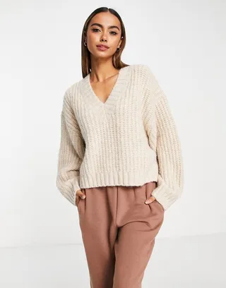 ASOS DESIGN premium chunky V neck oversized sweater in fluffy yarn in stone