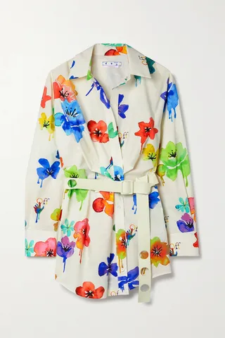 Off-White - Belted Floral-print Cotton-poplin Mini Shirt Dress - Neutrals