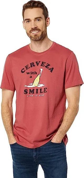 Life is Good Cerveza with a Smile Short Sleeve Crusher-Lite Tee (Faded Red) Men's T Shirt