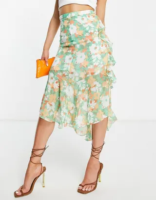 ASOS DESIGN ruffle midi skirt in green peach abstract floral