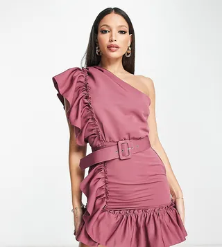 ASOS DESIGN Tall one shoulder detail belted frill mini dress in berry