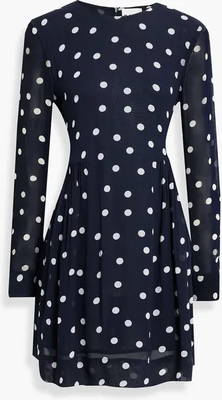 Pleated polka-dot chiffon mini dress