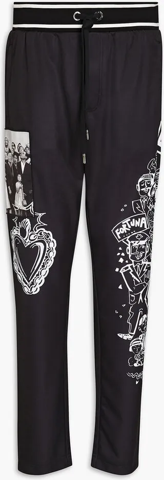 Appliquéd printed satin-jersey track pants