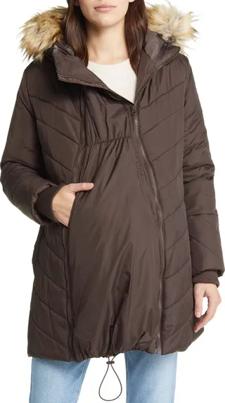 Faux Fur Trim Convertible Puffer 3-in-1 Maternity Jacket