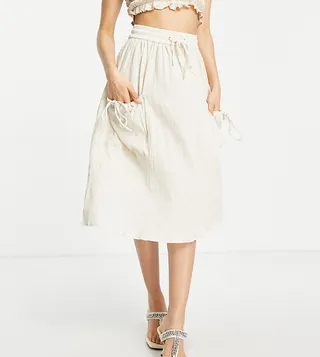 ASOS DESIGN Petite midi skirt with drawstring waist in natural crinkle in stone