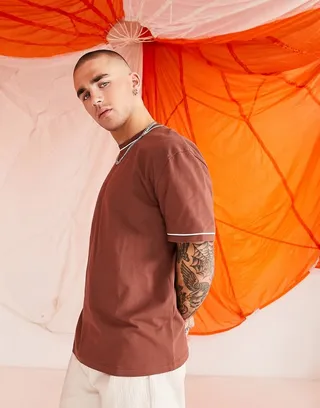 ASOS DESIGN relaxed pique t-shirt in brown with white piping