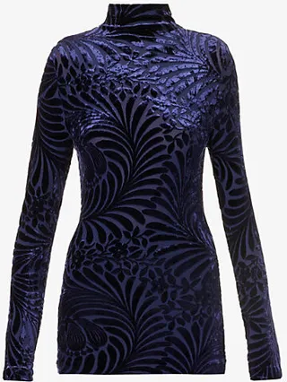 Womens Blue Turtleneck Floral-pattern Stretch-woven top